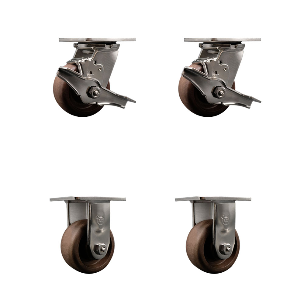 Stainless Steel Heavy Duty Swivel Caster Set of 4 with 4 Inch High Temperature Glass Filled Nylon Wheels - Includes 2 Swivel with Brakes and 2 Rigid - 2,400 lbs. Total Capacity - Service Caster Brand — photo 1