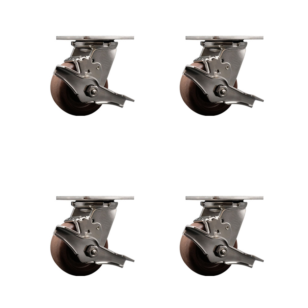 Stainless Steel Heavy Duty Swivel Caster Set of 4 with 4 Inch High Temperature Glass Filled Nylon Wheels - Includes 4 Swivel with Top Lock Brakes - 2,400 lbs. Total Capacity - Service Caster Brand — photo 1