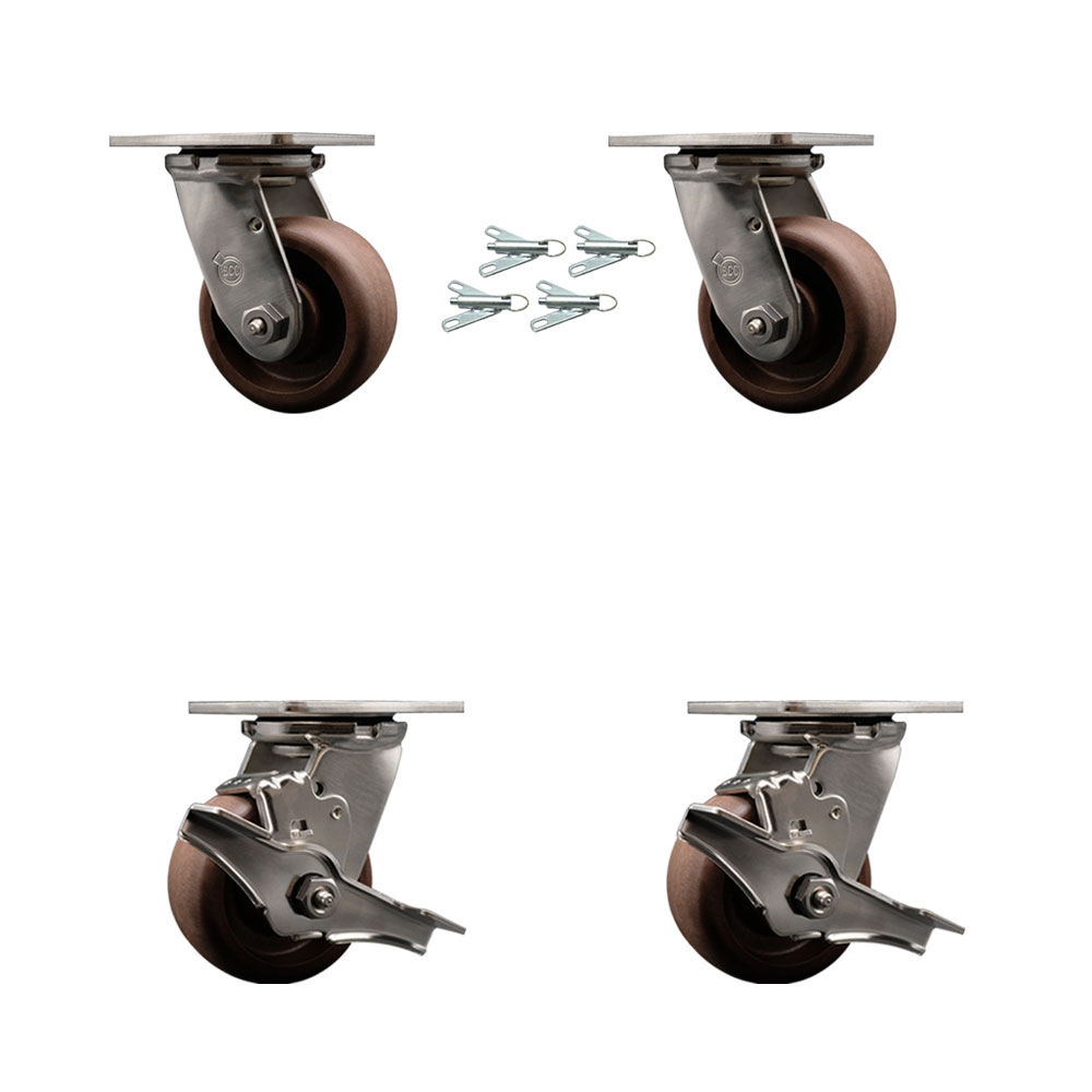Stainless Heavy Duty Caster Set with 4 Inch High Temp Glass Filled Nylon Wheels-Includes 2 Swivel with Brakes and Bolt on Swivel Locks and 2 Swivel with Bolt on Swivel Lock-Service Caster Brand — photo 1