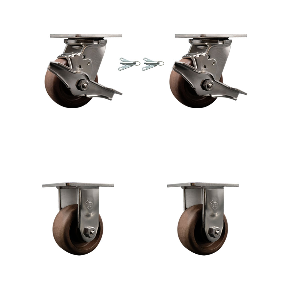 Stainless Steel Heavy Duty Swivel Caster Set of 4 with 4 Inch High Temperature Glass Filled Nylon Wheels - Includes 2 Swivel with Brakes and Bolt on Swivel Locks and 2 Rigid - Service Caster Brand — photo 1