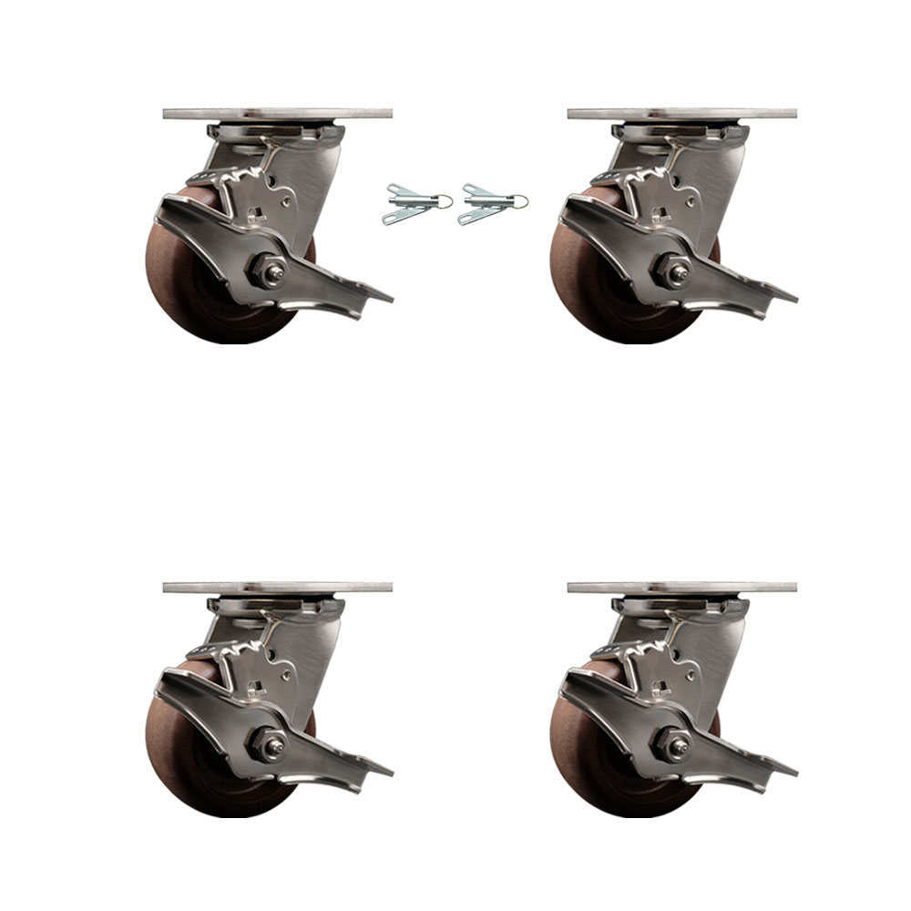 Stainless Steel Heavy Duty Swivel Caster Set of 4 with 4 Inch High Temp Glass Filled Nylon Wheels - Includes 2 Swivel with Brakes and Bolt on Swivel Locks and 2 Swivel with Brakes-Service Caster Brand — photo 1