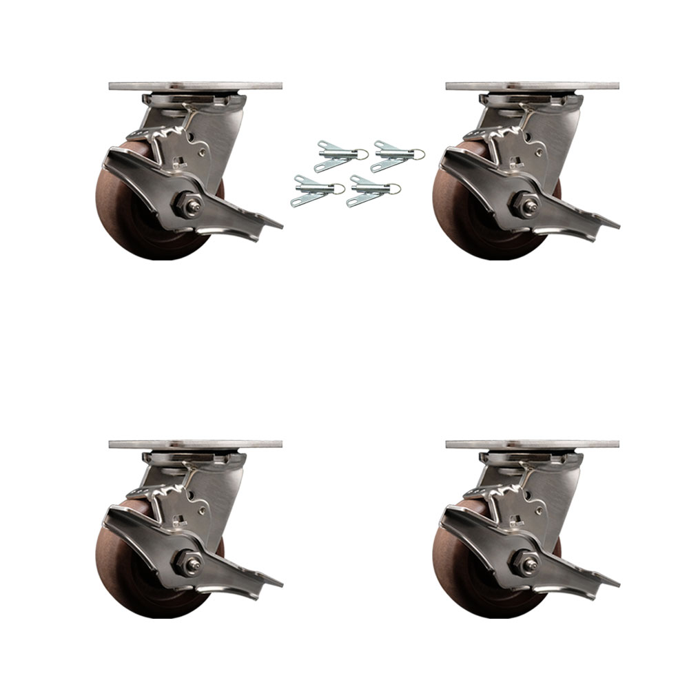 Stainless Steel Heavy Duty Swivel Caster Set of 4 with 4 Inch High Temperature Glass Filled Nylon Wheels - Includes 4 Swivel with Top Lock Brakes and Bolt on Swivel Locks - Service Caster Brand — photo 1