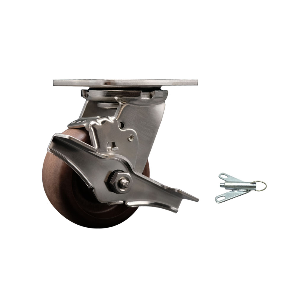 Stainless Steel Heavy Duty Swivel Top Plate Caster with Top Lock Brake and Bolt on Swivel Lock and 4 Inch High Temperature Glass Filled Nylon Wheel - 600 lbs. Capacity/Caster - Service Caster Brand — photo 1
