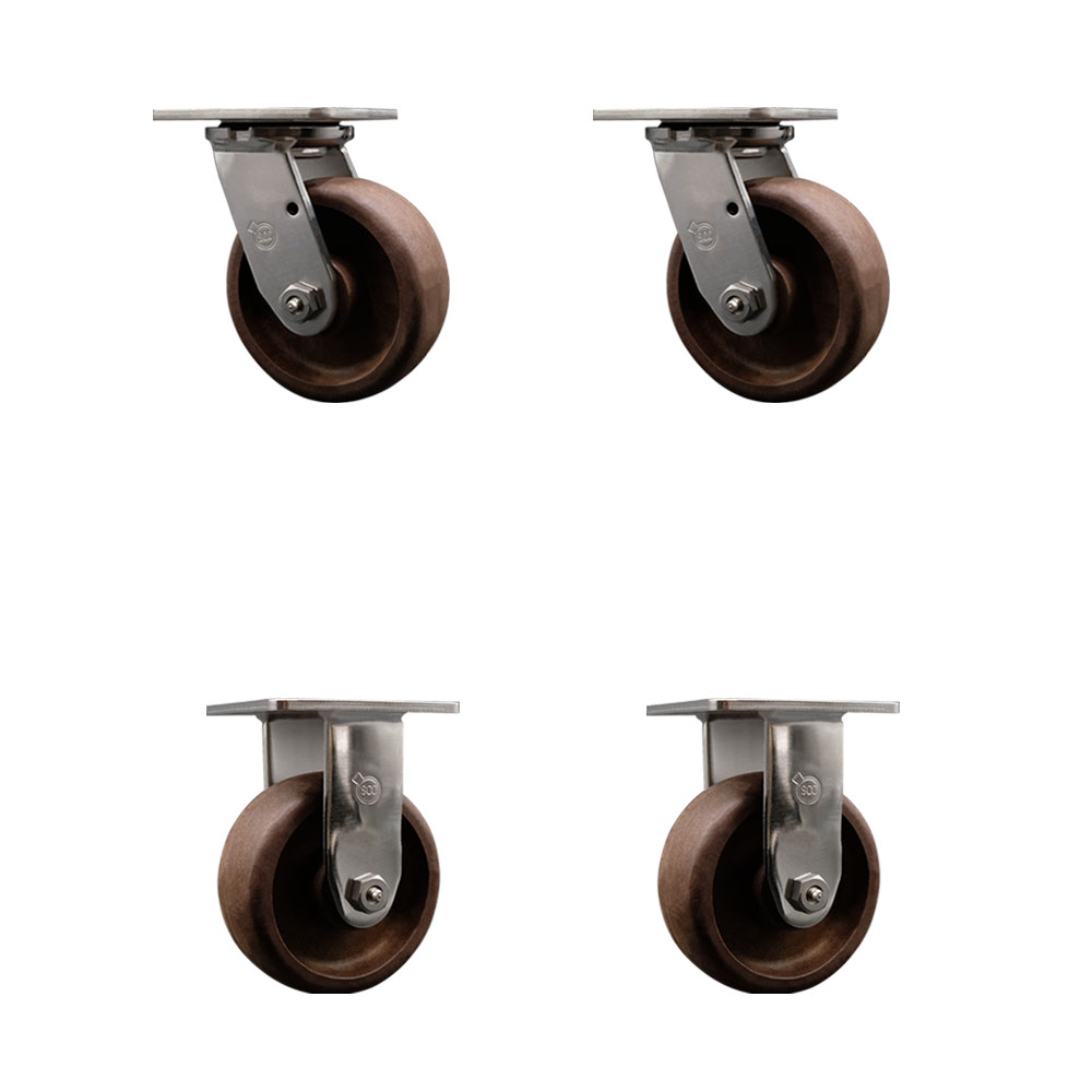 Stainless Steel Heavy Duty Swivel Caster Set of 4 with 5 Inch High Temperature Glass Filled Nylon Wheels and Bronze Bearings-Includes 2 Swivel and 2 Rigid-4,000lbs. Total Capacity-Service Caster Brand — photo 1