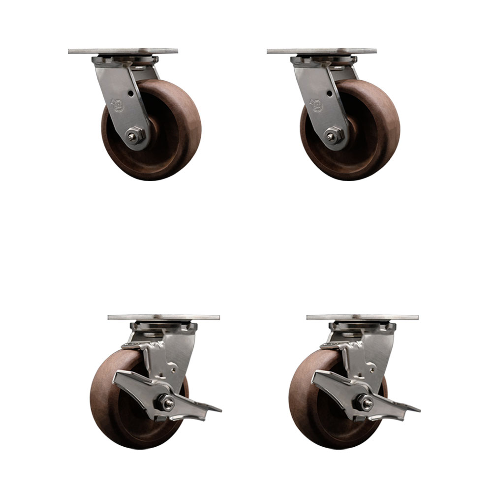 Stainless Steel Heavy Duty Swivel Caster Set of 4 with 5 Inch High Temperature Glass Filled Nylon Wheels - Includes 2 Swivel with Brakes and 2 Swivel - 4,000 lbs. Total Capacity - Service Caster Brand — photo 1