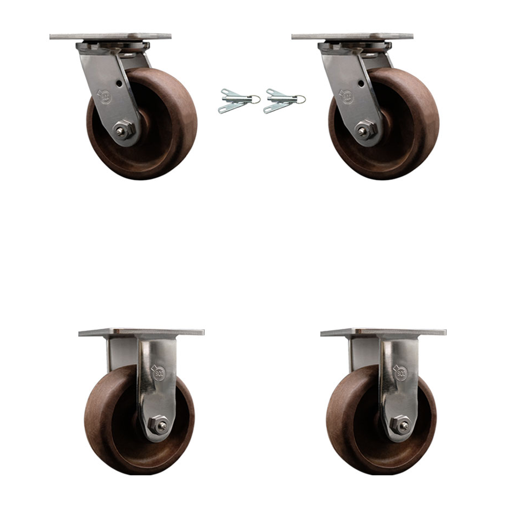 Stainless Steel Heavy Duty Swivel Caster Set of 4 with 5 Inch High Temperature Glass Filled Nylon Wheels - Includes 2 Swivel with Bolt on Swivel Locks and 2 Rigid - Service Caster Brand — photo 1
