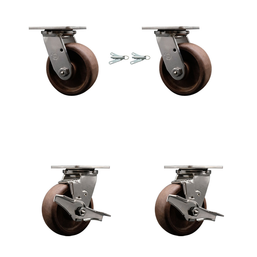 Stainless Steel Heavy Duty Swivel Caster Set of 4 with 5 Inch High Temperature Glass Filled Nylon Wheels - Includes 2 Swivel with Bolt on Swivel Locks and 2 Swivel with Brakes - Service Caster Brand — photo 1