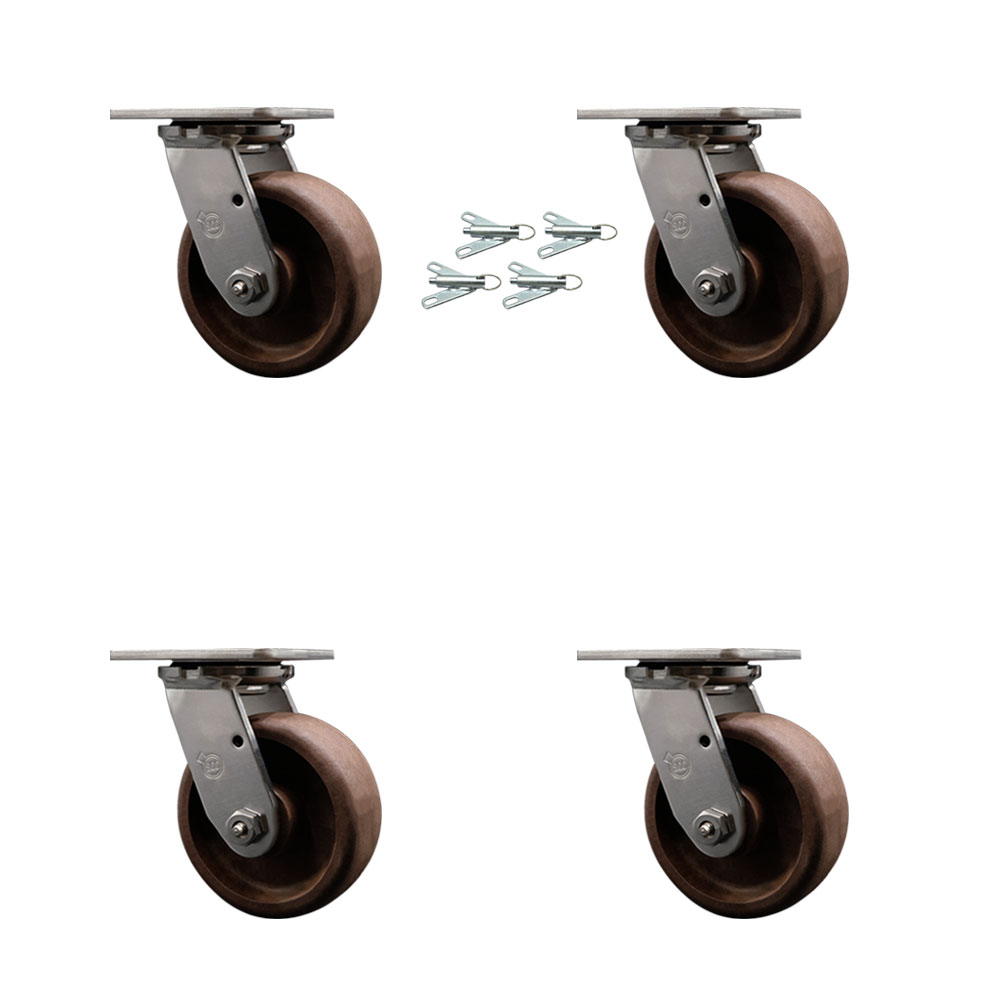 Stainless Steel Heavy Duty Swivel Caster Set of 4 with 5 Inch High Temperature Glass Filled Nylon Wheels - Includes 4 Swivel with Bolt on Swivel Locks - 4,000lbs. Total Capacity - Service Caster Brand — photo 1