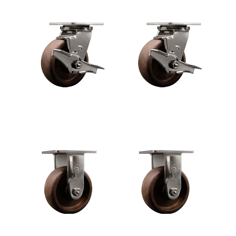 Stainless Steel Heavy Duty Swivel Caster Set of 4 with 5 Inch High Temperature Glass Filled Nylon Wheels - Includes 2 Swivel with Brakes and 2 Rigid - 4,000 lbs. Total Capacity - Service Caster Brand — photo 1
