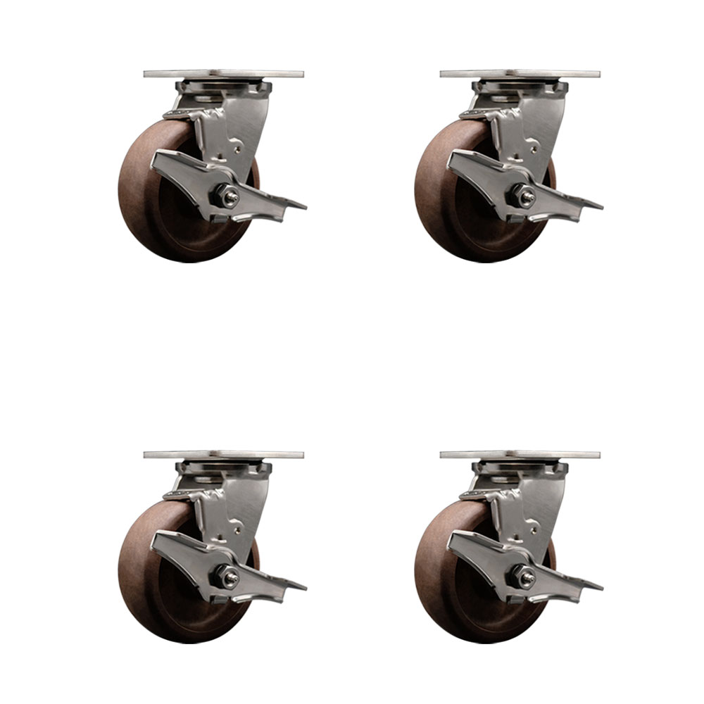 Stainless Steel Heavy Duty Swivel Caster Set of 4 with 5 Inch High Temperature Glass Filled Nylon Wheels - Includes 4 Swivel with Top Lock Brakes - 4,000 lbs. Total Capacity - Service Caster Brand — photo 1