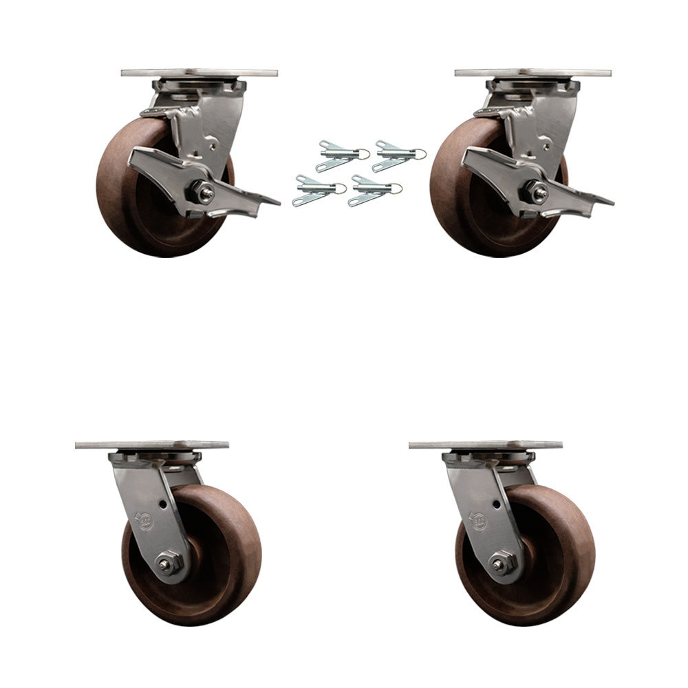 Stainless Heavy Duty Caster Set with 5 Inch High Temp Glass Filled Nylon Wheels-Includes 2 Swivel with Brakes and Bolt on Swivel Locks and 2 Swivel with Bolt on Swivel Lock-Service Caster Brand — photo 1