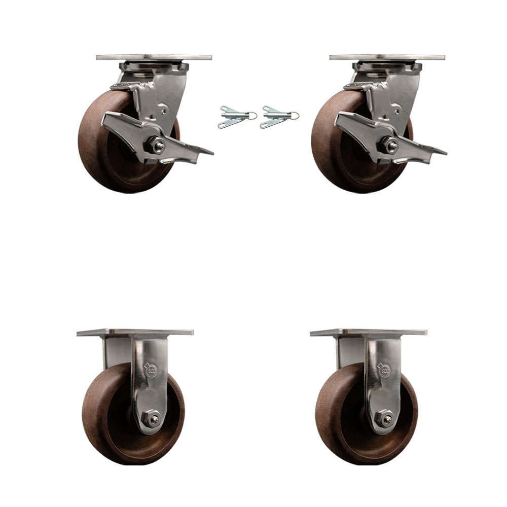 Stainless Steel Heavy Duty Swivel Caster Set of 4 with 5 Inch High Temperature Glass Filled Nylon Wheels - Includes 2 Swivel with Brakes and Bolt on Swivel Locks and 2 Rigid - Service Caster Brand — photo 1