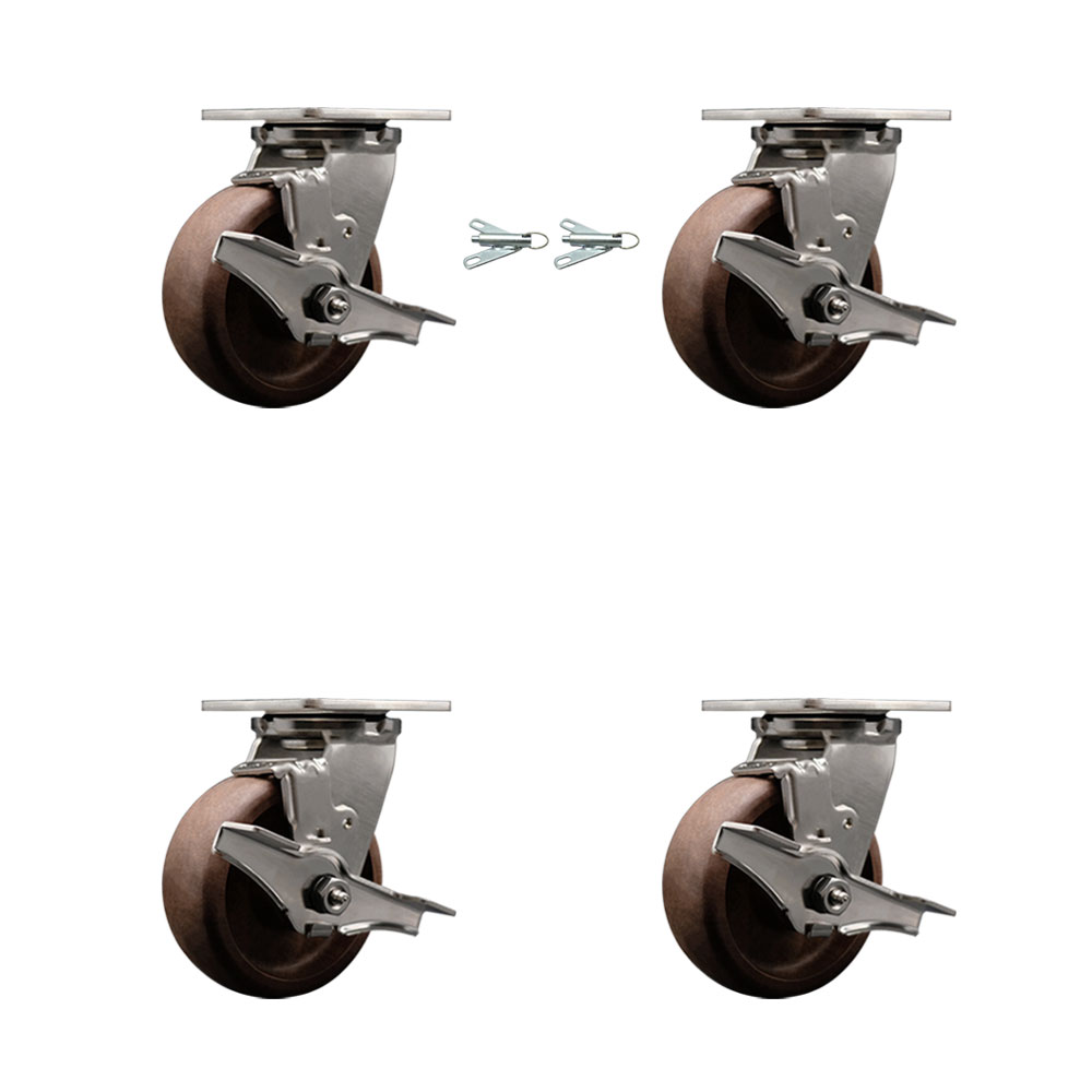 Stainless Steel Heavy Duty Swivel Caster Set of 4 with 5 Inch High Temp Glass Filled Nylon Wheels - Includes 2 Swivel with Brakes and Bolt on Swivel Locks and 2 Swivel with Brakes-Service Caster Brand — photo 1