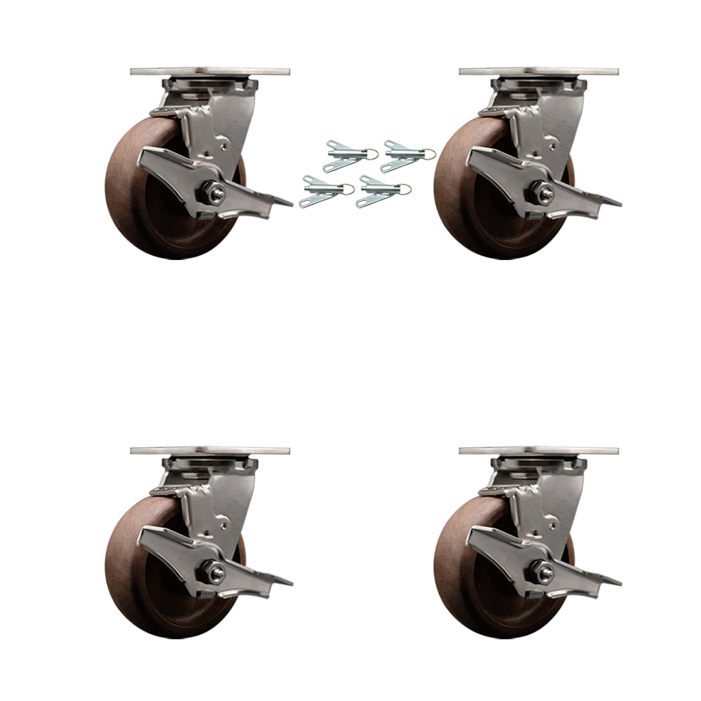 Stainless Steel Heavy Duty Swivel Caster Set of 4 with 5 Inch High Temperature Glass Filled Nylon Wheels - Includes 4 Swivel with Top Lock Brakes and Bolt on Swivel Locks - Service Caster Brand — photo 1