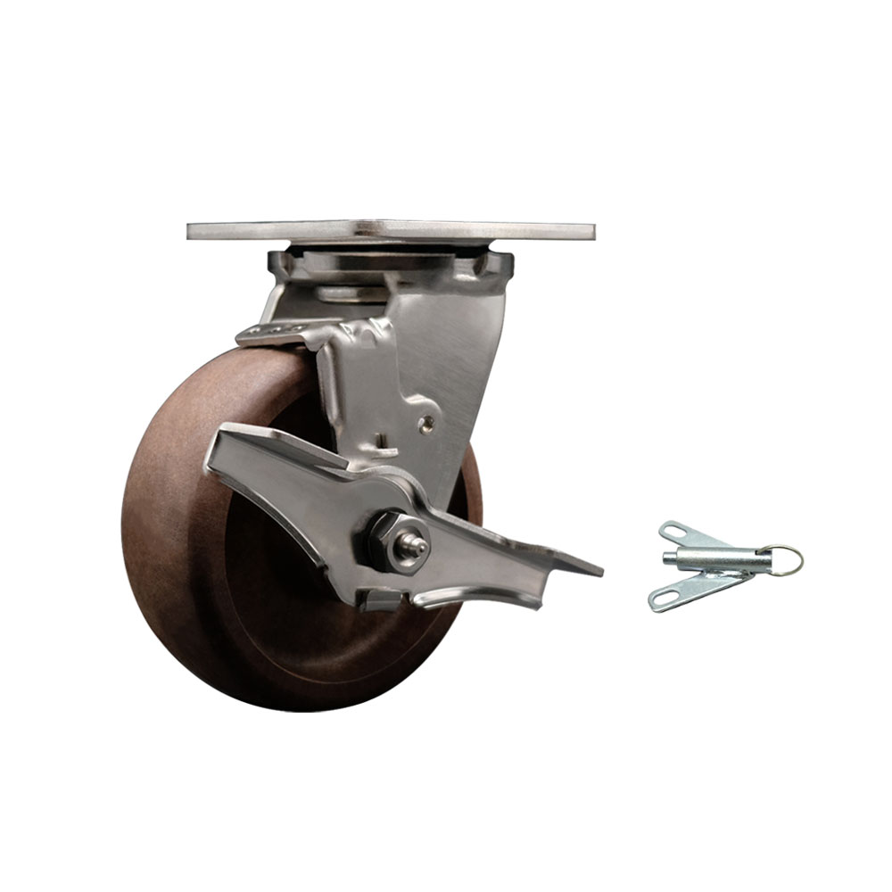 Stainless Steel Heavy Duty Swivel Top Plate Caster with Top Lock Brake and Bolt on Swivel Lock and 5 Inch High Temperature Glass Filled Nylon Wheel - 1,000 lbs. Capacity/Caster - Service Caster Brand — photo 1