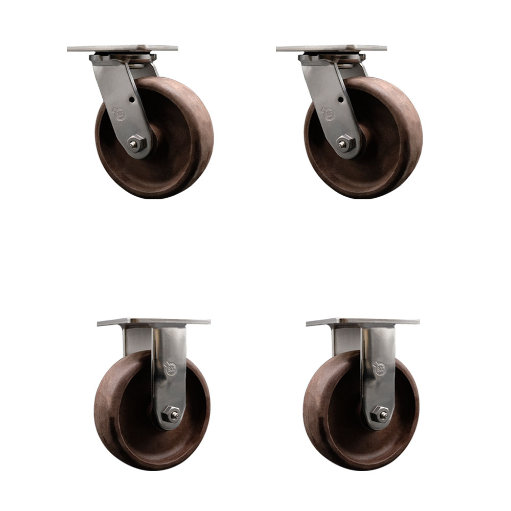 Stainless Steel Heavy Duty Swivel Caster Set of 4 with 6 Inch High Temperature Glass Filled Nylon Wheels and Bronze Bearings-Includes 2 Swivel and 2 Rigid-4,400lbs. Total Capacity-Service Caster Brand — photo 1