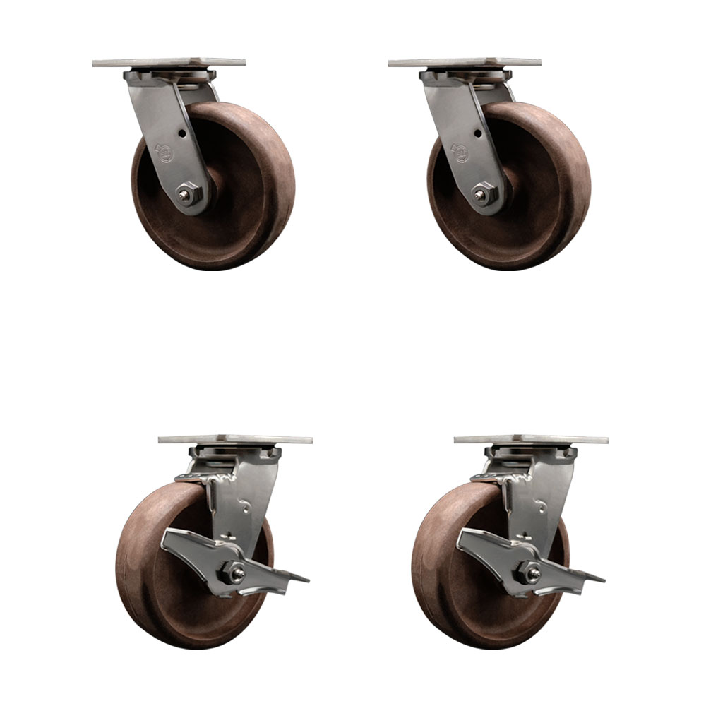 Stainless Steel Heavy Duty Swivel Caster Set of 4 with 6 Inch High Temperature Glass Filled Nylon Wheels - Includes 2 Swivel with Brakes and 2 Swivel - 4,400 lbs. Total Capacity - Service Caster Brand — photo 1