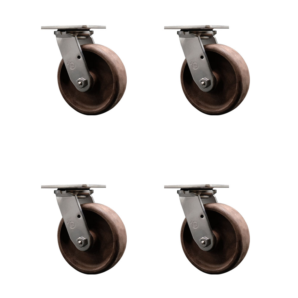 Stainless Steel Heavy Duty Swivel Caster Set of 4 with 6 Inch High Temperature Glass Filled Nylon Wheels - Includes 4 Swivel - 4,400 lbs. Total Capacity - Service Caster Brand — photo 1