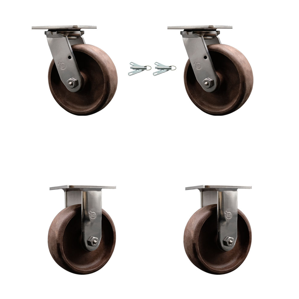 Stainless Steel Heavy Duty Swivel Caster Set of 4 with 6 Inch High Temperature Glass Filled Nylon Wheels - Includes 2 Swivel with Bolt on Swivel Locks and 2 Rigid - Service Caster Brand — photo 1