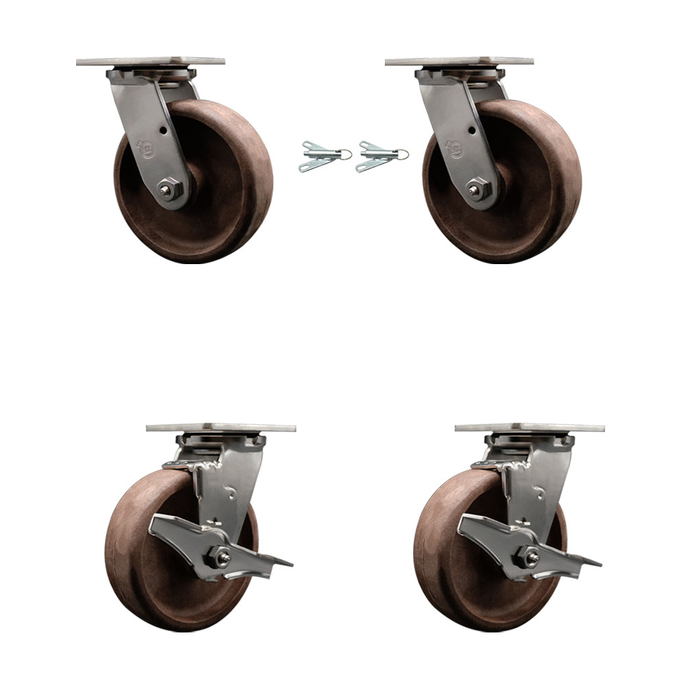 Stainless Steel Heavy Duty Swivel Caster Set of 4 with 6 Inch High Temperature Glass Filled Nylon Wheels - Includes 2 Swivel with Bolt on Swivel Locks and 2 Swivel with Brakes - Service Caster Brand — photo 1