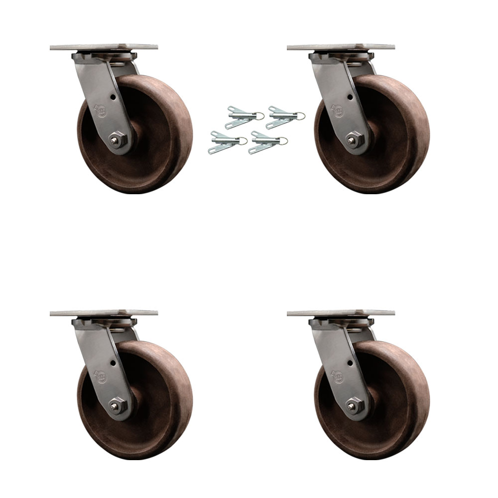 Stainless Steel Heavy Duty Swivel Caster Set of 4 with 6 Inch High Temperature Glass Filled Nylon Wheels - Includes 4 Swivel with Bolt on Swivel Locks - 4,400lbs. Total Capacity - Service Caster Brand — photo 1