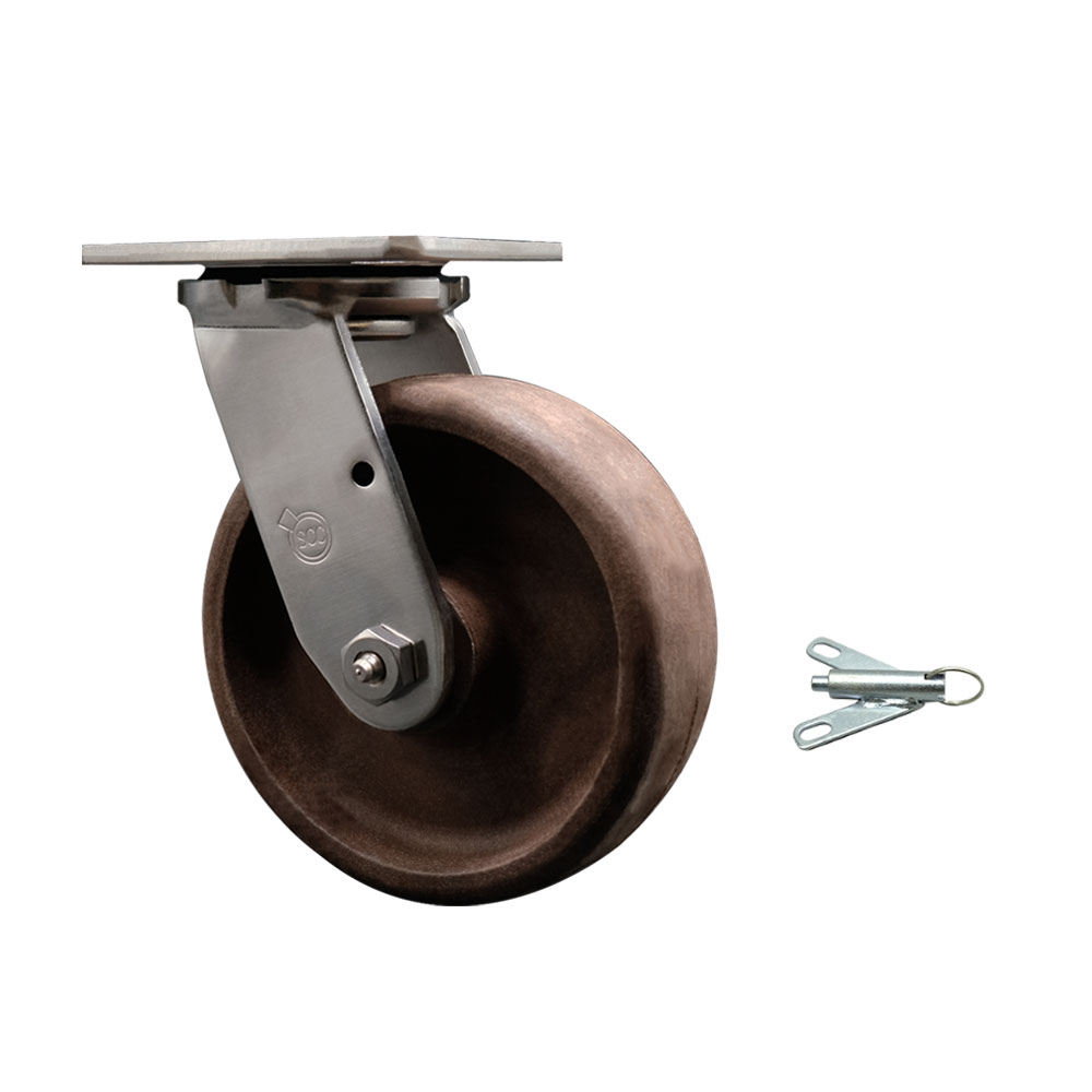 Stainless Steel Heavy Duty Swivel Top Plate Caster with Bolt on Swivel Lock and 6 Inch High Temperature Glass Filled Nylon Wheel - 1,100 lbs. Capacity/Caster - Service Caster Brand — photo 1