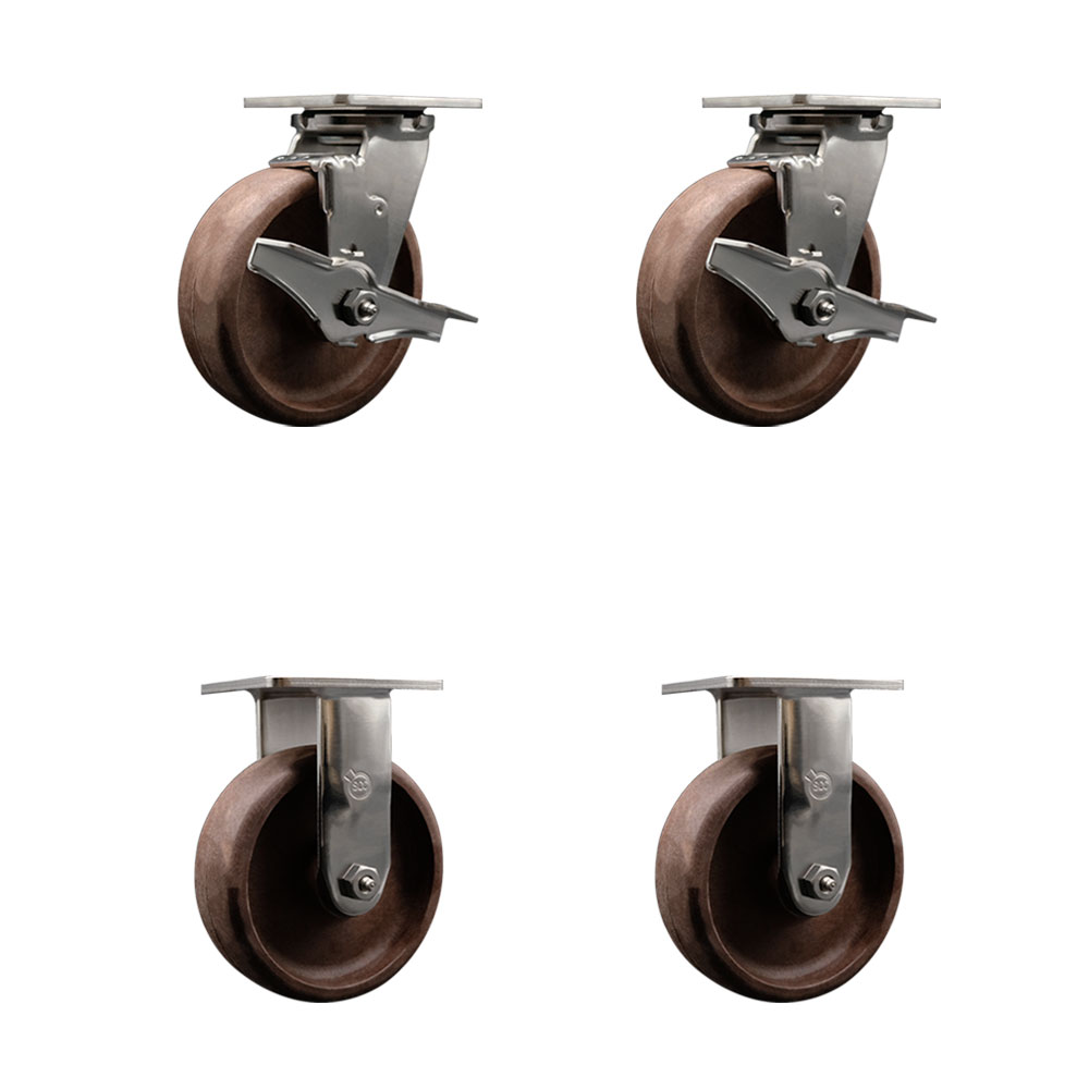 Stainless Steel Heavy Duty Swivel Caster Set of 4 with 6 Inch High Temperature Glass Filled Nylon Wheels - Includes 2 Swivel with Brakes and 2 Rigid - 4,400 lbs. Total Capacity - Service Caster Brand — photo 1