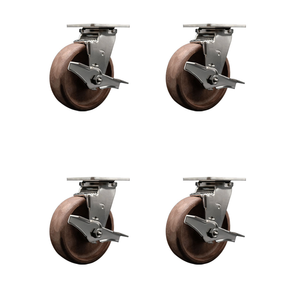 Stainless Steel Heavy Duty Swivel Caster Set of 4 with 6 Inch High Temperature Glass Filled Nylon Wheels - Includes 4 Swivel with Top Lock Brakes - 4,400 lbs. Total Capacity - Service Caster Brand — photo 1