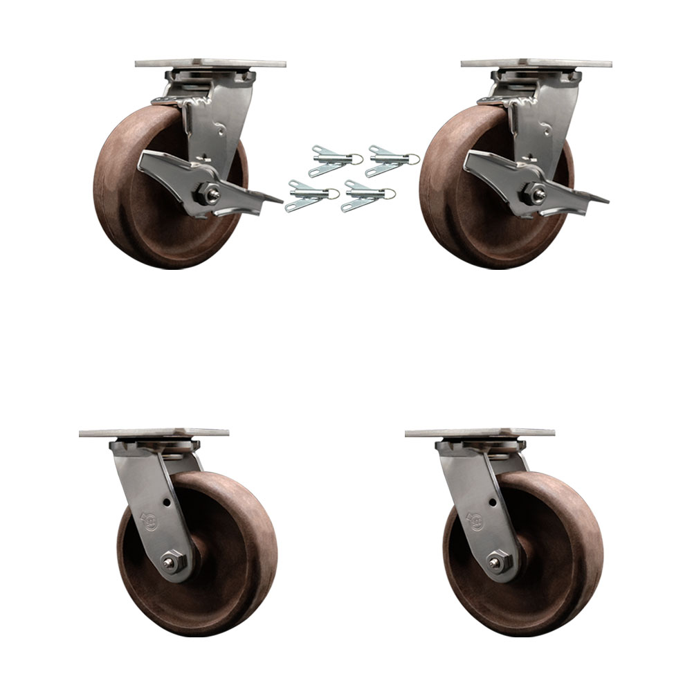 Stainless Heavy Duty Caster Set with 6 Inch High Temp Glass Filled Nylon Wheels-Includes 2 Swivel with Brakes and Bolt on Swivel Locks and 2 Swivel with Bolt on Swivel Lock-Service Caster Brand — photo 1