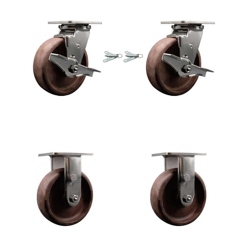 Stainless Steel Heavy Duty Swivel Caster Set of 4 with 6 Inch High Temperature Glass Filled Nylon Wheels - Includes 2 Swivel with Brakes and Bolt on Swivel Locks and 2 Rigid - Service Caster Brand — photo 1