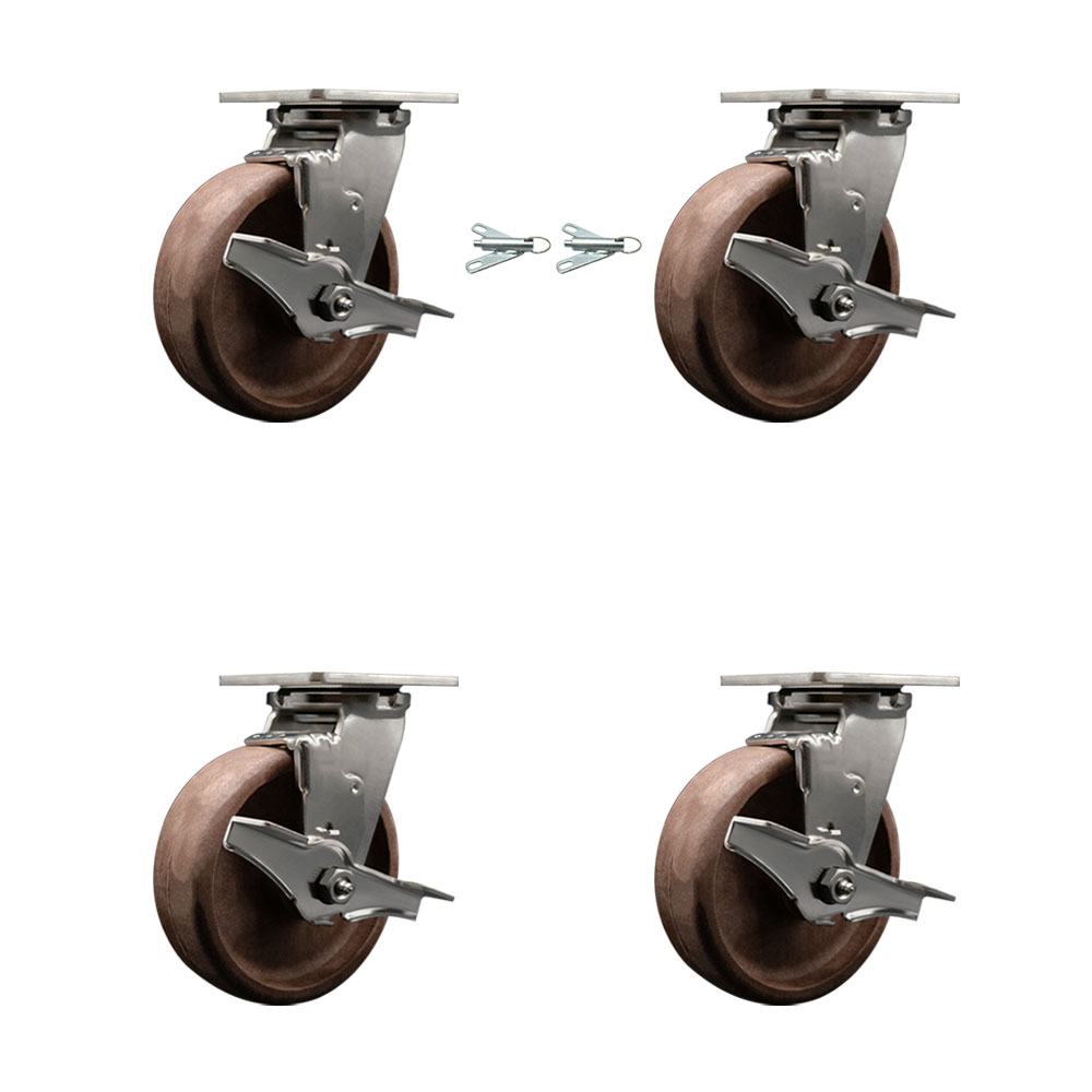 Stainless Steel Heavy Duty Swivel Caster Set of 4 with 6 Inch High Temp Glass Filled Nylon Wheels - Includes 2 Swivel with Brakes and Bolt on Swivel Locks and 2 Swivel with Brakes-Service Caster Brand — photo 1