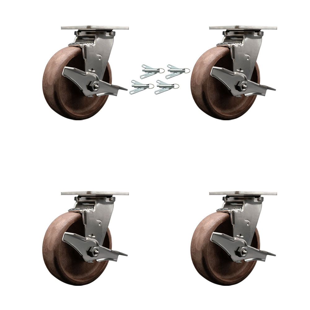 Stainless Steel Heavy Duty Swivel Caster Set of 4 with 6 Inch High Temperature Glass Filled Nylon Wheels - Includes 4 Swivel with Top Lock Brakes and Bolt on Swivel Locks - Service Caster Brand — photo 1