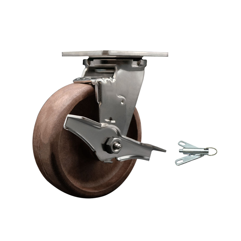 Stainless Steel Heavy Duty Swivel Top Plate Caster with Top Lock Brake and Bolt on Swivel Lock and 6 Inch High Temperature Glass Filled Nylon Wheel - 1,100 lbs. Capacity/Caster - Service Caster Brand — photo 1