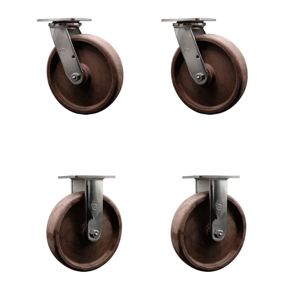 Stainless Steel Heavy Duty Swivel Caster Set of 4 with 8 Inch High Temperature Glass Filled Nylon Wheels and Bronze Bearings-Includes 2 Swivel and 2 Rigid-4,800lbs. Total Capacity-Service Caster Brand — photo 1