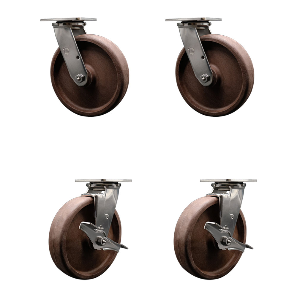 Stainless Steel Heavy Duty Swivel Caster Set of 4 with 8 Inch High Temperature Glass Filled Nylon Wheels - Includes 2 Swivel with Brakes and 2 Swivel - 4,800 lbs. Total Capacity - Service Caster Brand — photo 1
