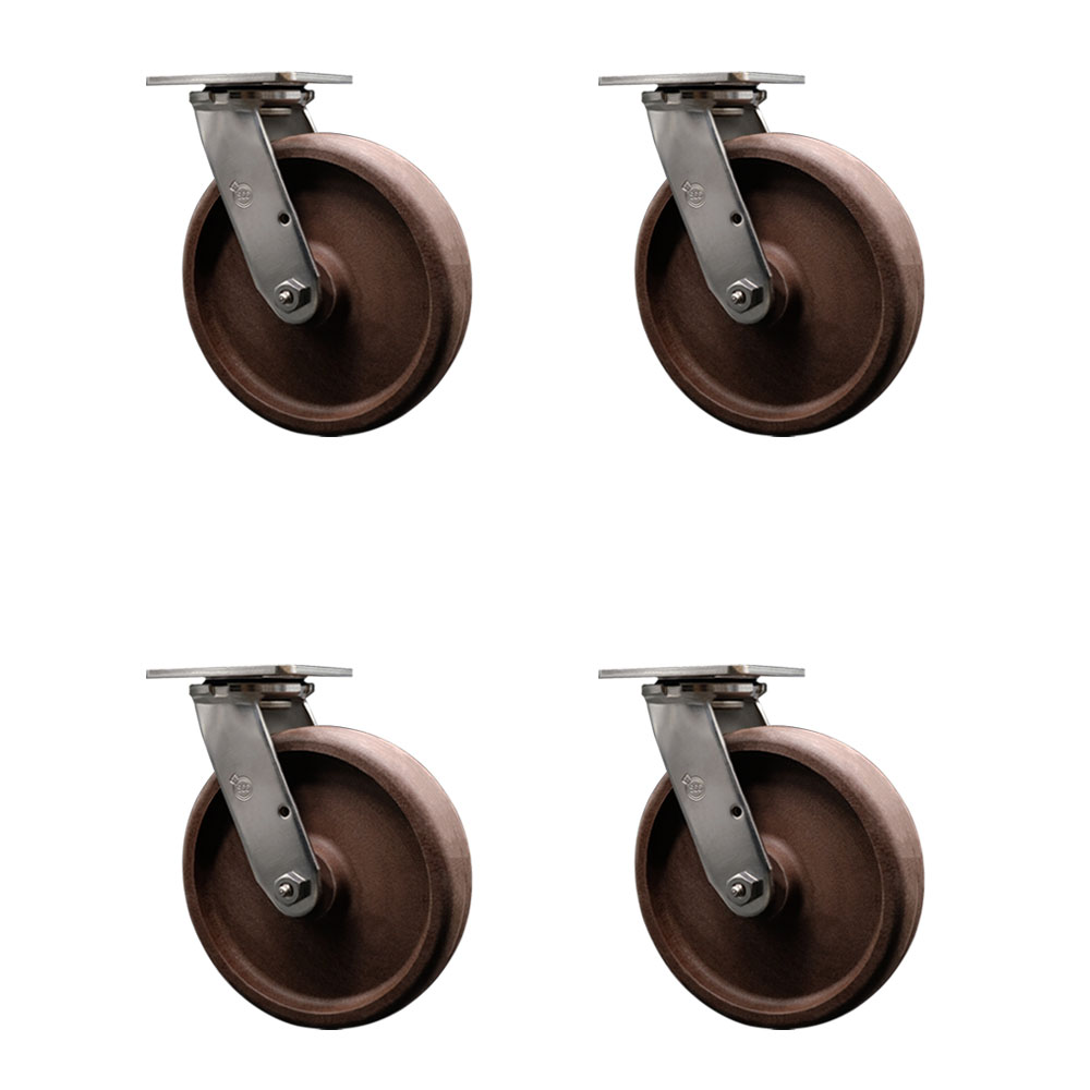 Stainless Steel Heavy Duty Swivel Caster Set of 4 with 8 Inch High Temperature Glass Filled Nylon Wheels - Includes 4 Swivel - 4,800 lbs. Total Capacity - Service Caster Brand — photo 1