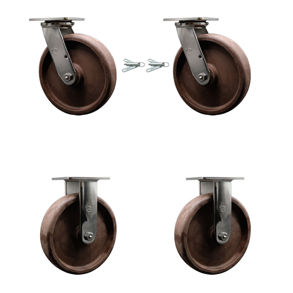 Stainless Steel Heavy Duty Swivel Caster Set of 4 with 8 Inch High Temperature Glass Filled Nylon Wheels - Includes 2 Swivel with Bolt on Swivel Locks and 2 Rigid - Service Caster Brand — photo 1