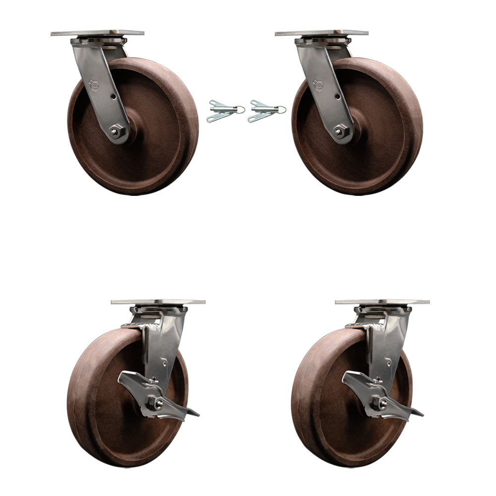 Stainless Steel Heavy Duty Swivel Caster Set of 4 with 8 Inch High Temperature Glass Filled Nylon Wheels - Includes 2 Swivel with Bolt on Swivel Locks and 2 Swivel with Brakes - Service Caster Brand — photo 1