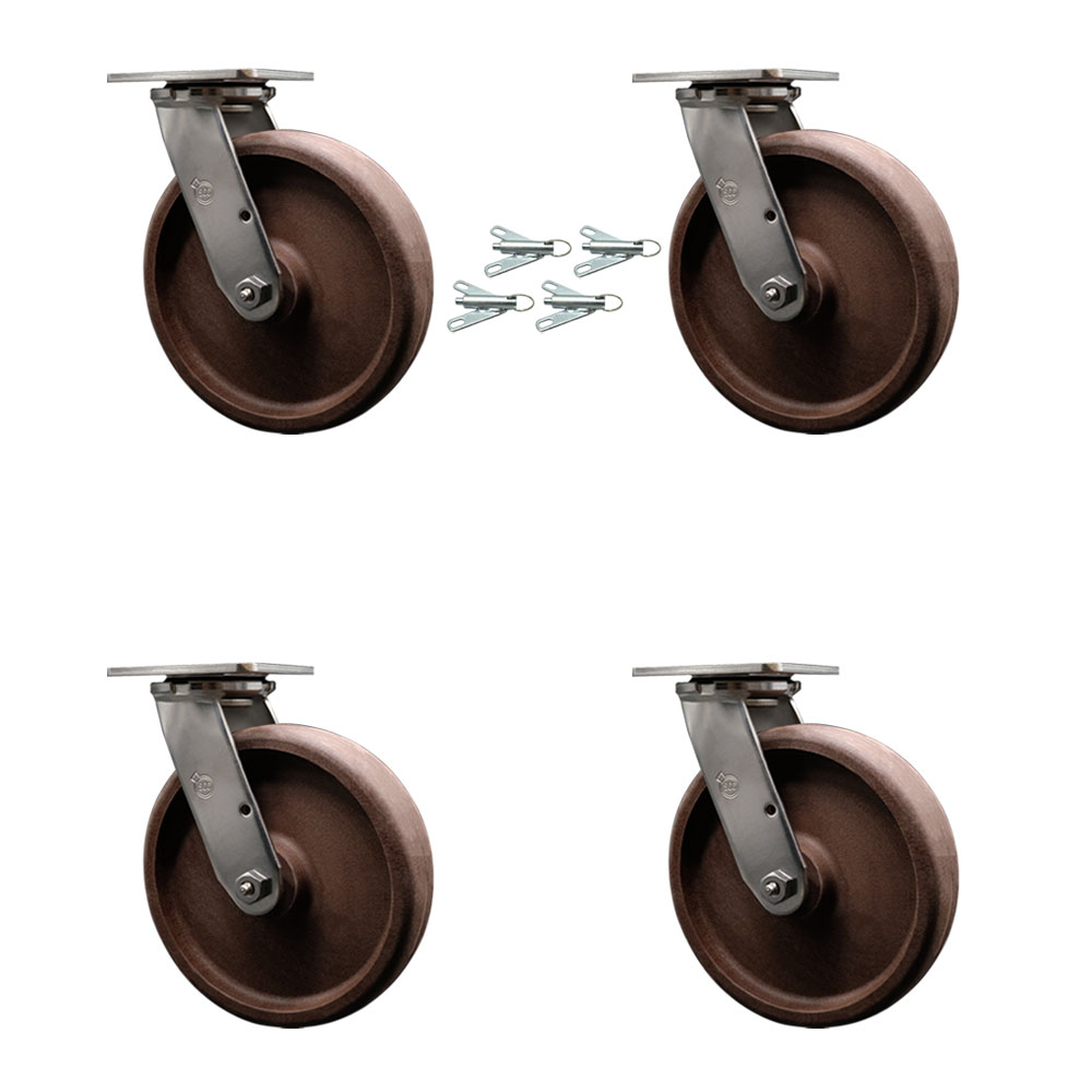Stainless Steel Heavy Duty Swivel Caster Set of 4 with 8 Inch High Temperature Glass Filled Nylon Wheels - Includes 4 Swivel with Bolt on Swivel Locks - 4,800lbs. Total Capacity - Service Caster Brand — photo 1