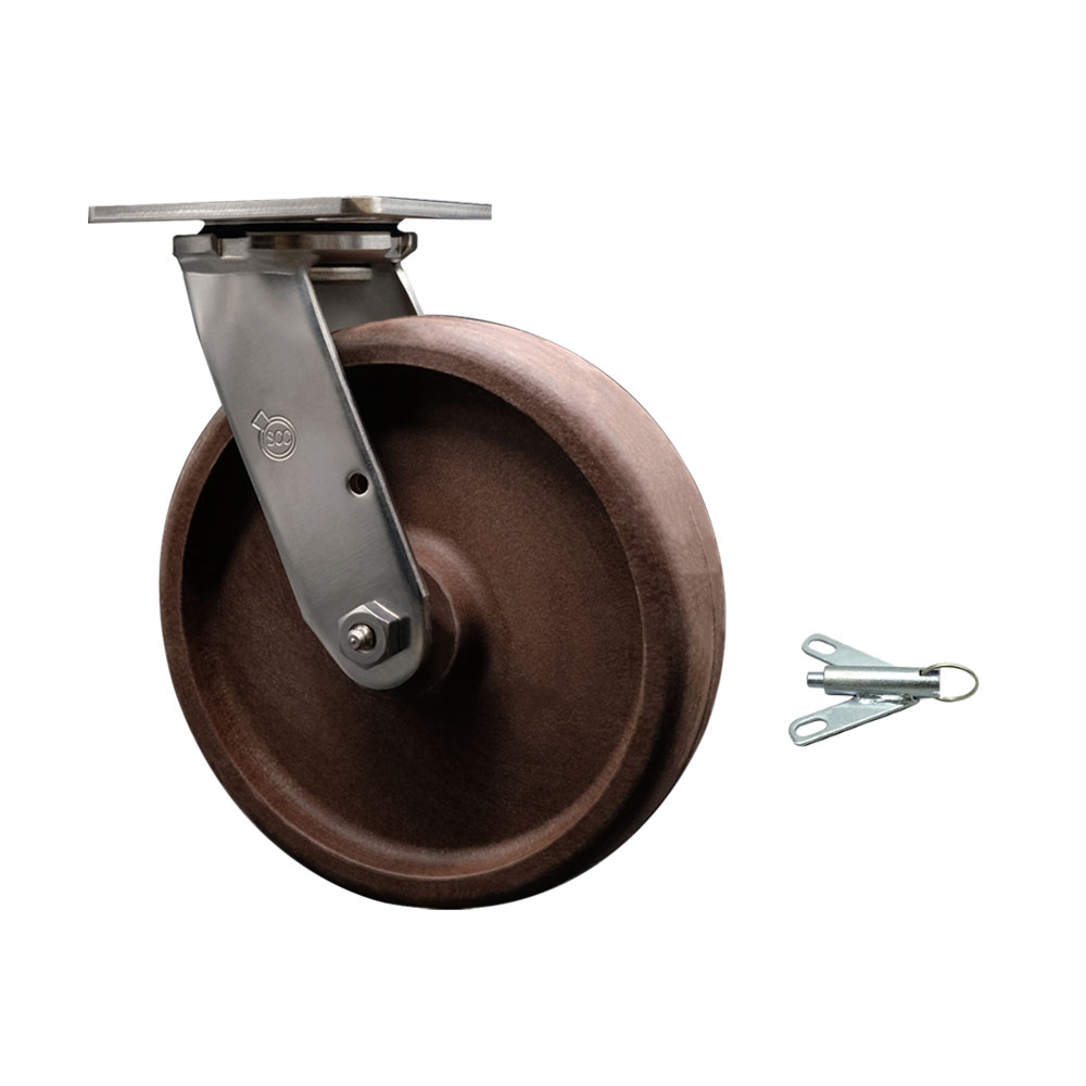 Stainless Steel Heavy Duty Swivel Top Plate Caster with Bolt on Swivel Lock and 8 Inch High Temperature Glass Filled Nylon Wheel - 1,200 lbs. Capacity/Caster - Service Caster Brand — photo 1