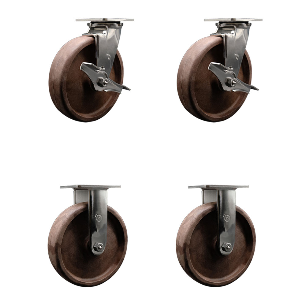Stainless Steel Heavy Duty Swivel Caster Set of 4 with 8 Inch High Temperature Glass Filled Nylon Wheels - Includes 2 Swivel with Brakes and 2 Rigid - 4,800 lbs. Total Capacity - Service Caster Brand — photo 1