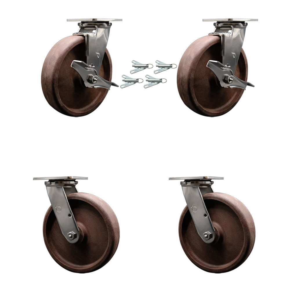 Stainless Heavy Duty Caster Set with 8 Inch High Temp Glass Filled Nylon Wheels-Includes 2 Swivel with Brakes and Bolt on Swivel Locks and 2 Swivel with Bolt on Swivel Lock-Service Caster Brand — photo 1