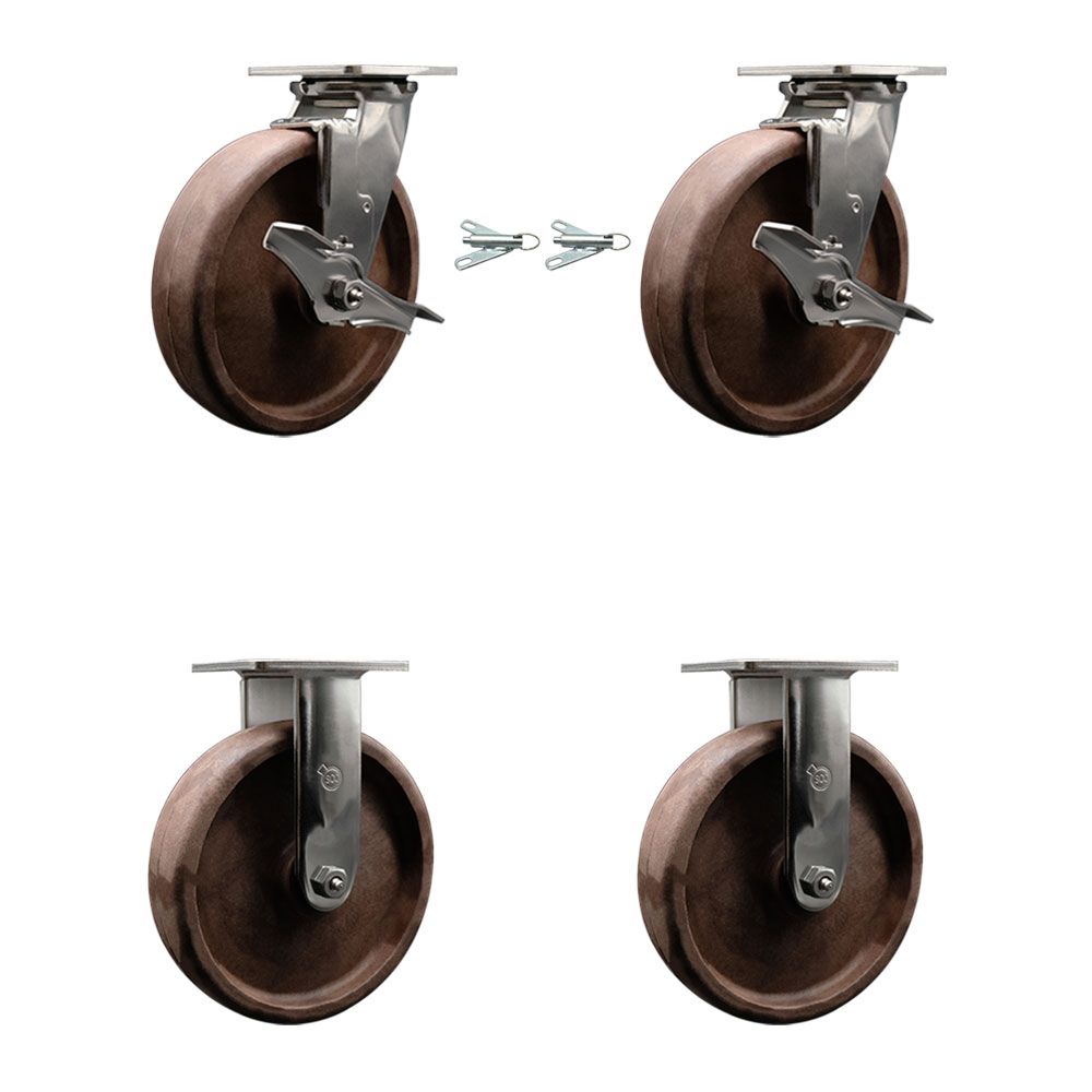 Stainless Steel Heavy Duty Swivel Caster Set of 4 with 8 Inch High Temperature Glass Filled Nylon Wheels - Includes 2 Swivel with Brakes and Bolt on Swivel Locks and 2 Rigid - Service Caster Brand — photo 1