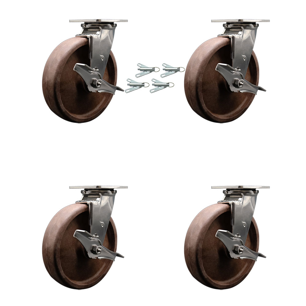 Stainless Steel Heavy Duty Swivel Caster Set of 4 with 8 Inch High Temperature Glass Filled Nylon Wheels - Includes 4 Swivel with Top Lock Brakes and Bolt on Swivel Locks - Service Caster Brand — photo 1