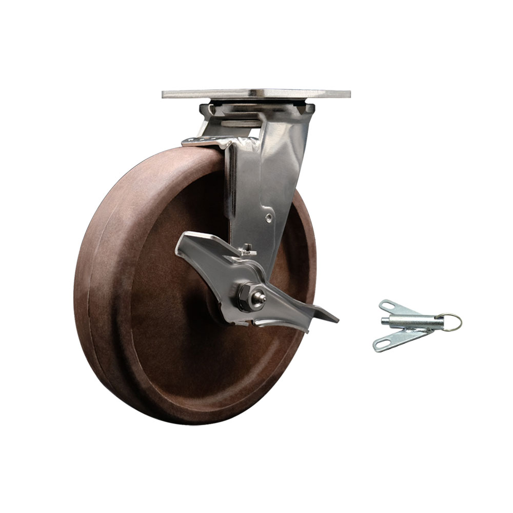 Stainless Steel Heavy Duty Swivel Top Plate Caster with Top Lock Brake and Bolt on Swivel Lock and 8 Inch High Temperature Glass Filled Nylon Wheel - 1,200 lbs. Capacity/Caster - Service Caster Brand — photo 1