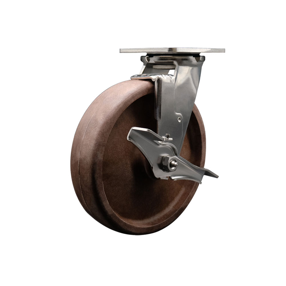 Stainless Steel Heavy Duty Swivel Top Plate Caster with Top Lock Brake and 8 Inch High Temperature Glass Filled Nylon Wheel - 1,200 lbs. Capacity/Caster - Service Caster Brand — photo 1