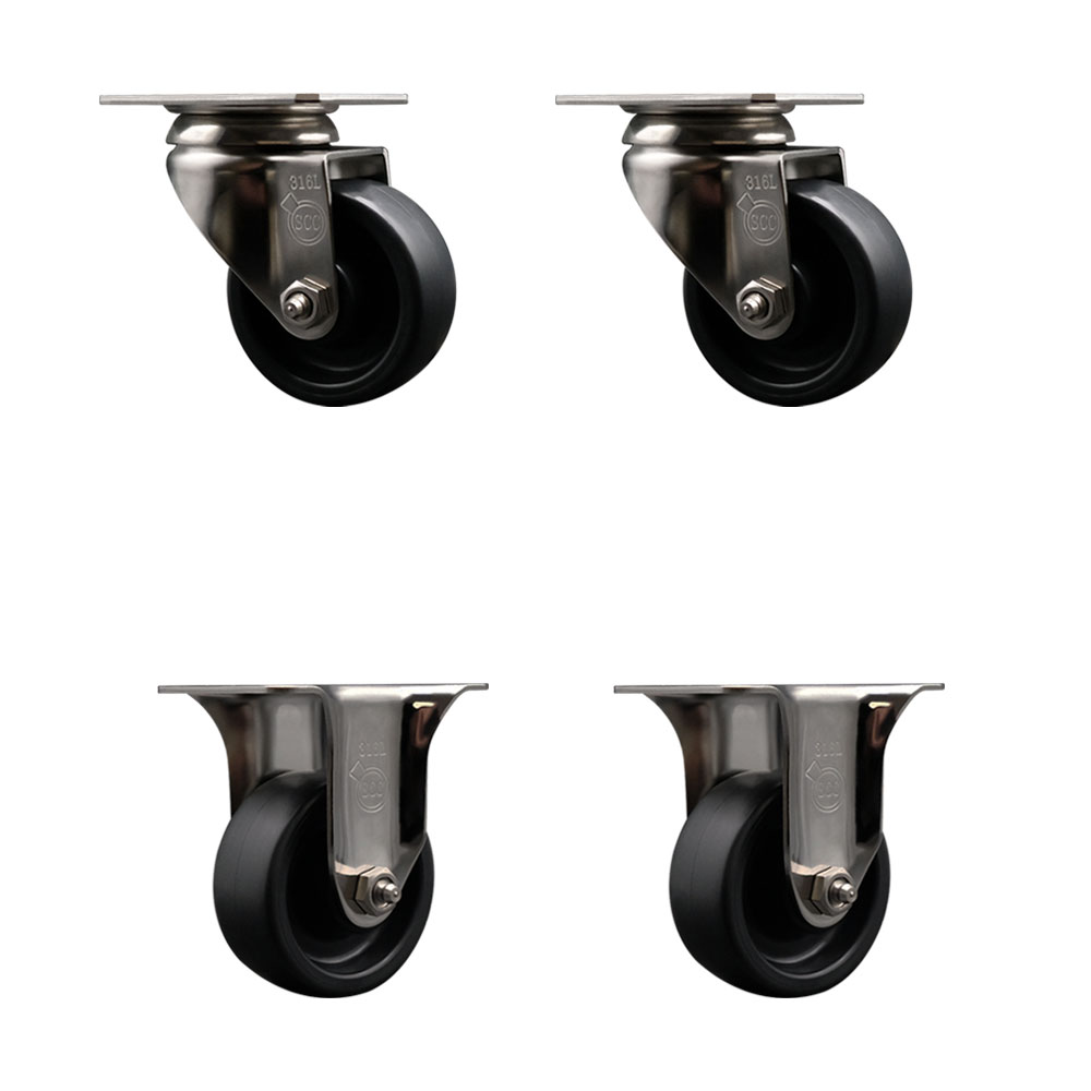 Polyolefin Swivel Top Plate Caster Wheels Set of 4 with 3 Inch Black Wheels - 316 Stainless Steel Casters - Includes 2 Swivel Casters and 2 Rigid Casters - Service Caster Brand — photo 1
