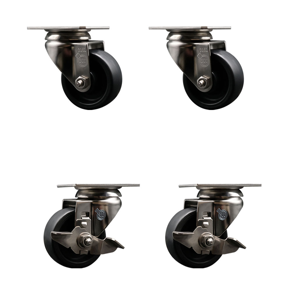 Polyolefin Swivel Top Plate Caster Wheels Set of 4 with 3 Inch Black Wheels - 316 Stainless Steel Casters - Includes 2 Swivel with Top Lock Brakes and 2 Swivel - Service Caster Brand — photo 1