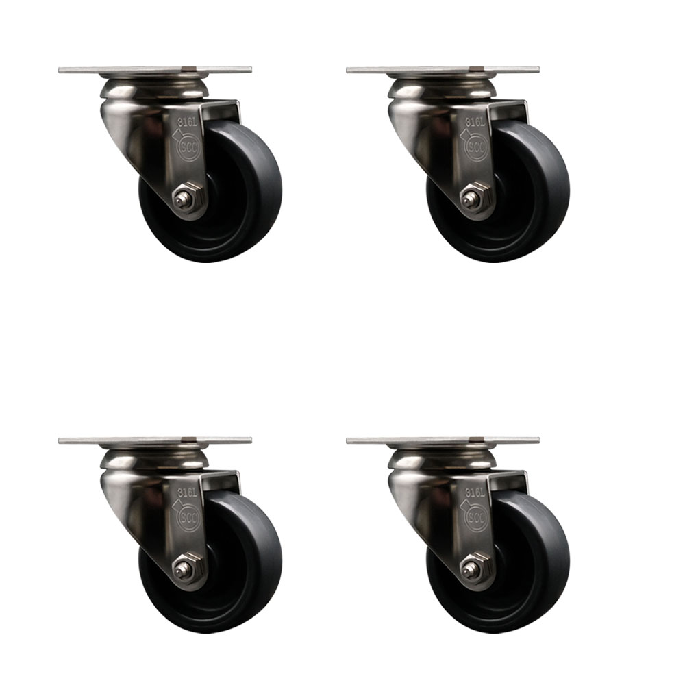 Polyolefin Swivel Top Plate Caster Wheels Set of 4 with 3 Inch Black Wheels - 316 Stainless Steel Casters - Includes 4 Swivel Casters - 1,200 lbs. Total Capacity - Service Caster Brand — photo 1