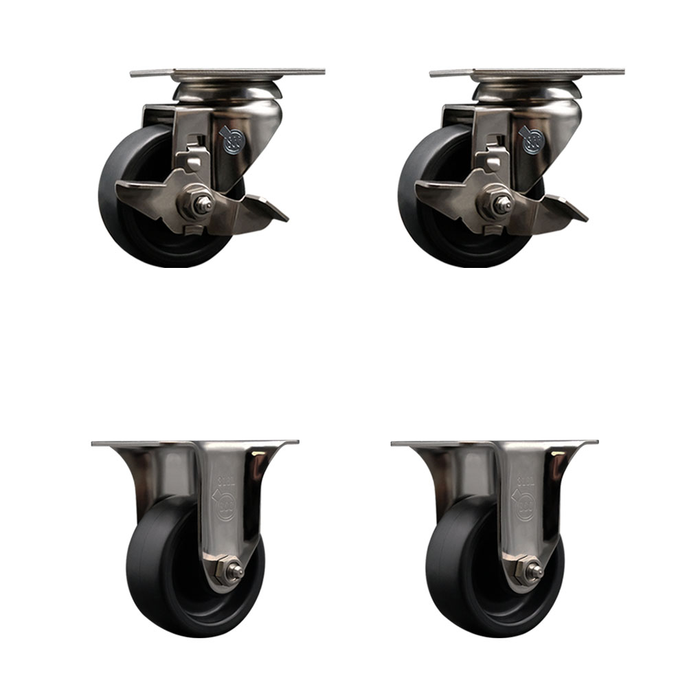 Polyolefin Swivel Top Plate Caster Wheels Set of 4 with 3 Inch Black Wheels - 316 Stainless Steel Casters - Includes 2 Swivel with Top Lock Brakes and 2 Rigid - Service Caster Brand — photo 1